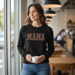 Black “MAMA” Crewneck Sweatshirt – Brown Yarn Print Graphic | Sizes S–XL